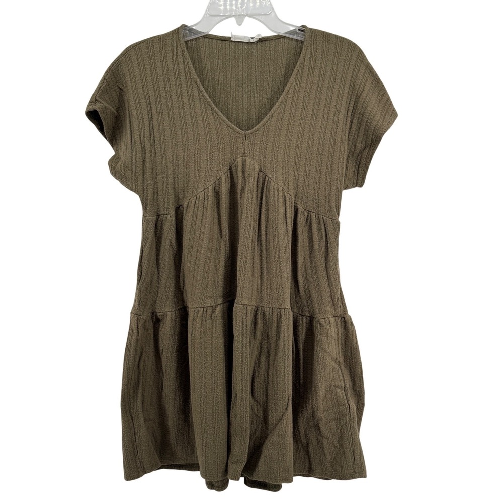Lush Womens Olive Green Ribbed Cozy Dress Babydoll‎ Medium Spring Earthy Flowy